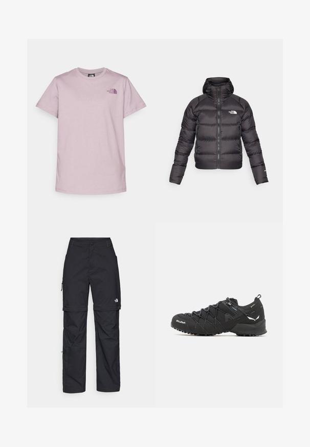 Black puffer jacket with a zip front and hood. Features quilted texture, elastic cuffs, and logo on the left chest. Lightweight insulation.; The North Face BOX RELAXED TEE - Print T-shirt - purple chalk/midnight mauve; Black nylon zip-off cargo trousers with adjustable cuffs, multiple pockets, and a logo on the right leg. Smooth, lightweight texture.; Black hiking shoes with a textured fabric upper, lacing system, and rugged rubber sole. Accented with reflective details and logos.