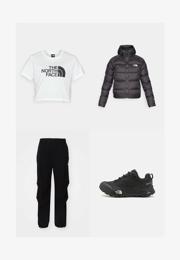 Juodas pūkinis švarkas su užtrauktuku priekyje ir gobtuvu. Pasižymi siuvinėjimu, elastinėmis rankogaliais ir logotipu kairėje krūtinės pusėje. Lengvas izoliavimas.; Balta trumpa džinsinė marškinėlių su iš medvilnės, priešakinėje pusėje puikuojasi didelis juodas "THE NORTH FACE" logotipas ir ikoniškas puslankio grafikas.; Juodos lauko kelnės, pagamintos iš tvirto medžiagos, su laisvu siluetu, elastinga juosmens juosta ir surišamais rankogaliais, leidžiančiais reguliuoti ilgį.; Juodas žygio batelis su tekstūruotu viršumi, su raištelių uždarymu ir storu guminiu padu, ant šono išryškintas logotipas ir raštiškai išpjauti modeliai.