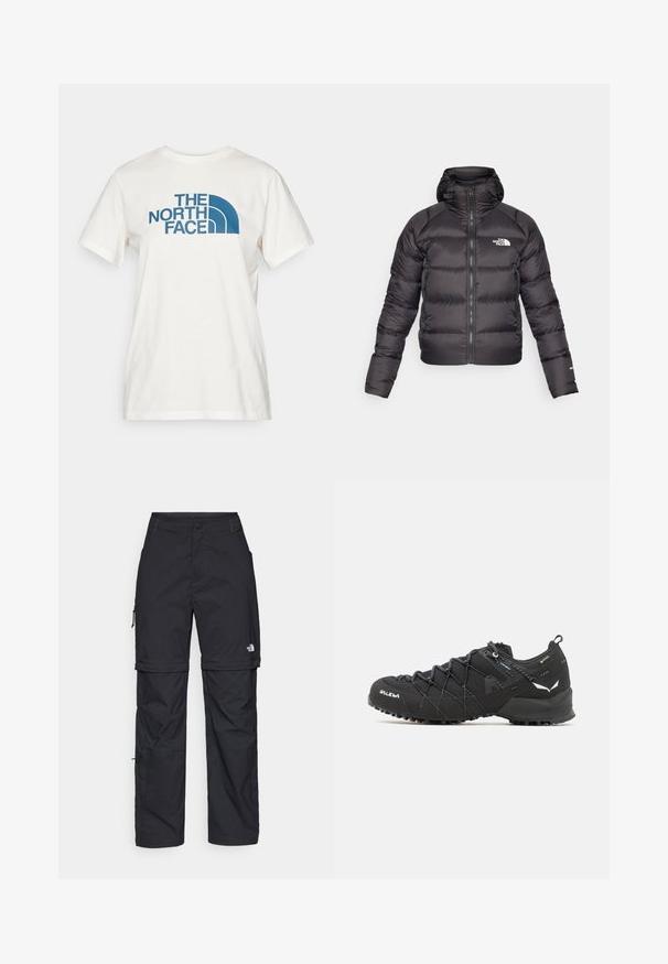 Čierna nafúknutá bunda s predným zipsom a kapucňou. Obsahuje prešívanú textúru, elastické manžety a logo na ľavej hrudi. Ľahká izolácia.; The North Face RELAXED EASY TEE - Tričko s potlačou - white dune/midnight petrol; Čierne nylonové cargo nohavice s odnímateľnými nohavicami, nastaviteľnými manžetami, viacerými vreckami a logom na pravej nohe. Hladká, ľahká textúra.; Čierne turistické topánky s textúrovaným textilným zvrškom, viazacím systémom a robustnou gumovou podrážkou. Ozdobené reflexnými detailmi a logami.