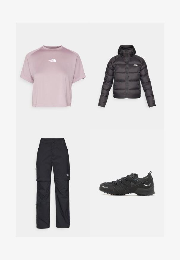 Casaco puffer preto com fecho frontal e capuz. Apresenta textura acolchoada, punhos elásticos e logotipo no peito esquerdo. Isolamento leve.; T-shirt cropped em lavanda clara. Feita de tecido suave, com decote redondo e mangas curtas. Apresenta um logotipo branco no peito.; Calças cargo pretas em nylon com fechos de correr removíveis, punhos ajustáveis, múltiplos bolsos e um logótipo na perna direita. Textura suave e leve.; Botas de caminhada pretas com parte superior em tecido texturizado, sistema de atacadores e sola de borracha robusta. Apresentam detalhes refletivos e logótipos.