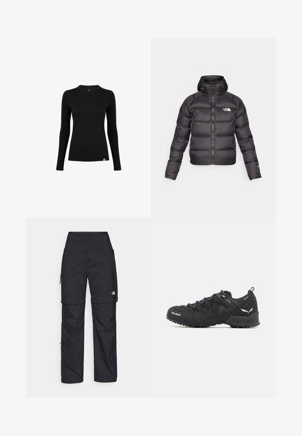 Schwarze Daunenjacke mit durchgehendem Reißverschluss und Kapuze. Verfügt über eine gesteppten Struktur, elastische Bündchen und ein Logo auf der linken Brust. Leichte Isolierung.; Schwarzes Langarmshirt aus glattem Stoff mit rundem Ausschnitt. Verfügt über ein dezentes Logoetikett an der unteren linken Ecke. Minimalistisches Design.; Schwarze Nylon-Zip-Off-Cargohosen mit verstellbaren Bündchen, mehreren Taschen und einem Logo am rechten Bein. Glatte, leichte Textur.; Schwarze Wanderschuhe mit einem strukturierten Obermaterial aus Stoff, Schnürsystem und robuster Gummisohle. Akzentuiert mit reflektierenden Details und Logos.