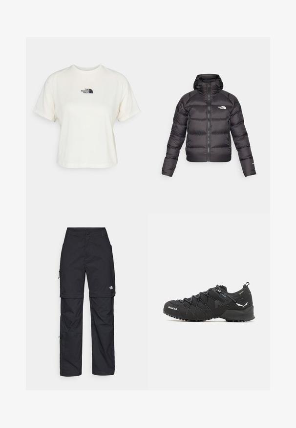 Črni puffer jopič z zadrgo in kapuco. Ima kviltano teksturo, elastične manšete in logo na levem prsnem delu. Lahka izolacija.; Kratka bela majica iz mehkega blaga, z okroglim ovratnikom in kratkimi rokavi. Majhen logotip temno modre barve je nameščen v središču prsi.; Črne najlon hlače z zipom, ki se lahko odstranijo, s prilagodljivimi manšetami, več žepi in logotipom na desni nogi. Gladka, lahka tekstura.; Črne pohodniške čevlje z teksturiranim zgornjim delom iz blaga, sistemom vezalk in trdnim gumijastim podplatom. Opremljeni so z odsevnimi detajli in logotipi.