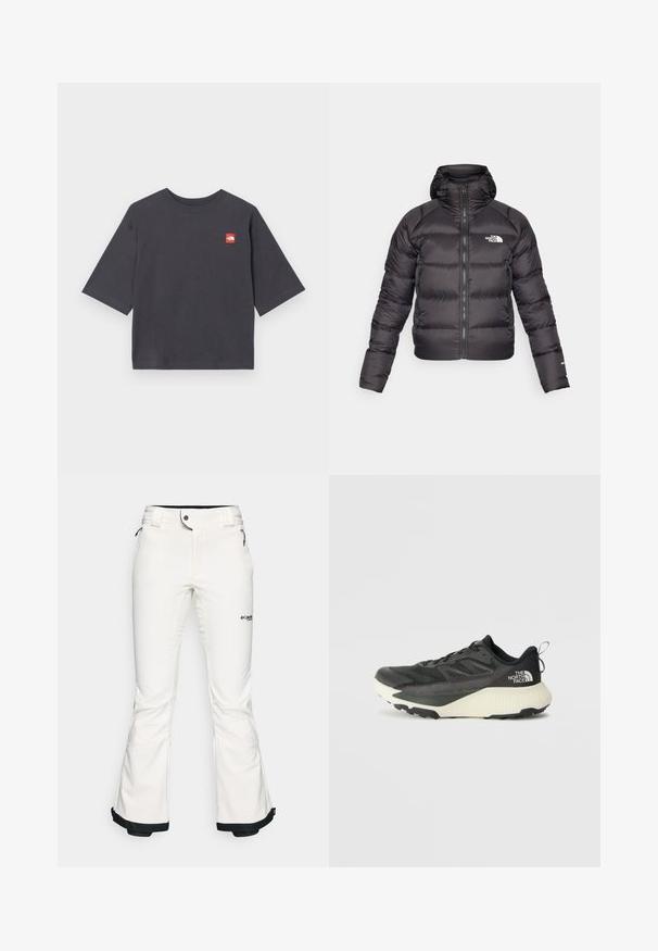 Melnā pūkainā jaka ar rāvējslēdzēju priekšā un kapuci. Iekļauj iešūtu struktūru, elastīgus tēlus un logo kreisajā krūtī. Viegls siltinājums.; T-kreklis ar īsām piedurknēm, tumši pelēks, izgatavots no kokvilnas. Uz kreisās krūts vietas ir kvadrātveida sarkans logo uzlīme. Parasts piegriezums ar apaļu kakla izgriezumu.; Baltas slēpošanas bikses, kas izgatavotas no mīksta, elastīga materiāla. Aizdare ir pielāgota viduklim, plašas, izplestas kājas un melns apdare pie piedurknēm. Redzams zīmola logo.; Melna sporta kurpe ar teksturētu augšdaļu, kurai ir pelēki akcenti un balts vidusdaļa. Ietver vilkšanas cilpu un izteiktu zīmola logo uz papēža.