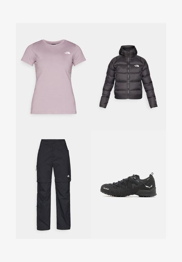 Sort dunjakke med lynlås foran og hætte. Har quiltet tekstur, elastiske manchetter og logo på venstre bryst. Letvægtsisolering.; The North Face W SS SD SLIM TEE - T-shirts basic - purple chalk; Sorte nylon cargo bukser med lynlås, justerbare manchetter, flere lommer og et logo på højre ben. Glat, let tekstur.; Sorte vandresko med en tekstureret stofoverdel, snøresystem og robust gummisål. Accenteret med reflekterende detaljer og logoer.