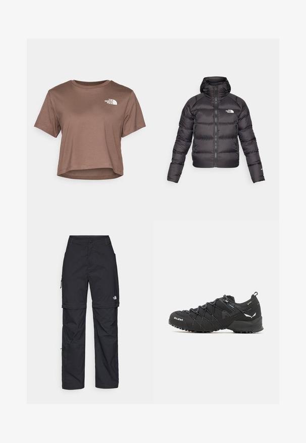 Casaco puffer preto com fecho frontal e capuz. Apresenta textura acolchoada, punhos elásticos e logotipo no peito esquerdo. Isolamento leve.; The North Face SIMPLE DOME CROPPED SLIM TEE - T-shirt estampada - smokey brown; Calças cargo pretas em nylon com fechos de correr removíveis, punhos ajustáveis, múltiplos bolsos e um logótipo na perna direita. Textura suave e leve.; Botas de caminhada pretas com parte superior em tecido texturizado, sistema de atacadores e sola de borracha robusta. Apresentam detalhes refletivos e logótipos.