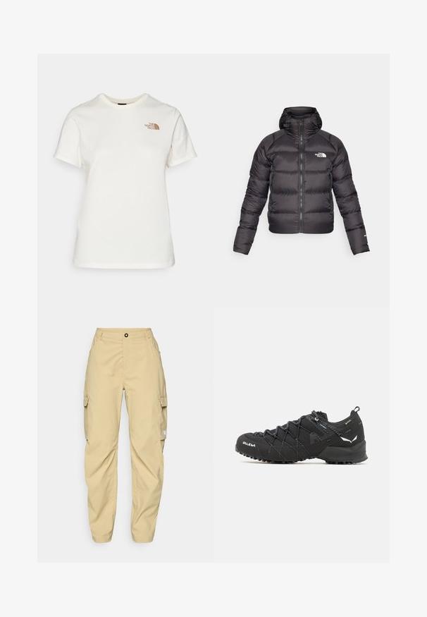 Zwarte pufferjack met een rits aan de voorkant en een capuchon. Heeft een gewatteerde textuur, elastische manchetten en een logo op de linkerkant van de borst. Lichtgewicht isolatie.; Katoenen T-shirt in off-white met korte mouwen. Kenmerkt zich door het 'The North Face' logo in bruin op de linkerborst. Klassiek ronde hals ontwerp.; The North Face EXPLORATION CARGO PANTS - Outdoorbroeken - khaki stone; Zwarte wandelschoenen met een bovenkant van textuurstof, een vetersysteem en een robuuste rubberen zool. Verfraaid met reflecterende details en logo's.