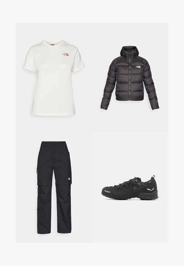 Svart puffjacka med zip-up fram och huva. Har kviltad textur, elastiska mudd och logotyp på vänster bröst. Lätt isolering.; T-shirt i bomull i off-white med korta ärmar. Har "The North Face"-logotyp i brunt på vänster bröst. Klassisk rundhalsad design.; Svarta nylonbyxor med avtagbara ben, justerbara muddar, flera fickor och en logotyp på högra benet. Slät, lätt textur.; Svarta vandringsskor med ett texturerat tygöverdrag, snörningssystem och slitstark gummisula. Prydda med reflekterande detaljer och logotyper.