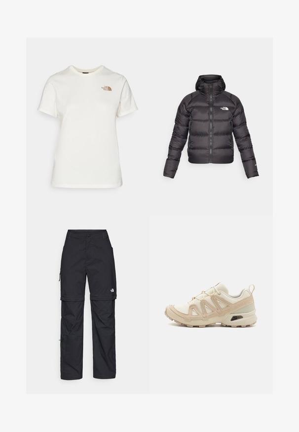 Juodas pūkinis švarkas su užtrauktuku priekyje ir gobtuvu. Pasižymi siuvinėjimu, elastinėmis rankogaliais ir logotipu kairėje krūtinės pusėje. Lengvas izoliavimas.; Medvilninis marškinėliai off-white spalvos, su trumpomis rankovėmis. Kairėje krūtinės pusėje yra rudo spalvos "The North Face" logotipas. Klasikinio apvalaus iškirpimo dizainas.; Juodos nailoninės krovinių kelnės su reguliuojamais rankovėmis, daugybe kišenių ir logo ant dešinės kojos. Lygi, lengva tekstūra.; Bežinės ir kreminės spalvos sportinės bateliai su tekstūruoto tinklelio viršutine dalimi, palaikančiomis detalėmis ir guminiais padais, turinčiais raštą, užtikrinantį sukibimą.