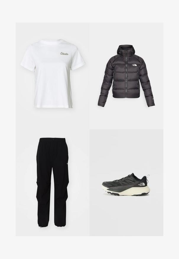 Jachetă puffer neagră cu fermoar frontal și glugă. Prezintă o textură matlasată, manșete elastice și logo pe partea stângă a pieptului. Izolație ușoară.; Tricou alb din bumbac, cu gât rotund și mâneci scurte. Prezentă un mic logo brodat "Columbia" în verde deschis.; Pantaloni negri de exterior, confecționați dintr-un material durabil, cu o croială relaxată, talie elastică și manșete strânse pentru lungime ajustabilă.; Pantofii sport negri cu un superior texturat, având accente gri și o talpă intermediară albă. Include un sistem de prindere și un logo de marcă proeminent pe călcâi.
