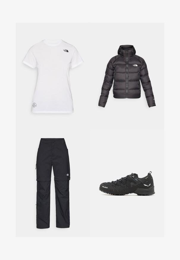Čierna nafúknutá bunda s predným zipsom a kapucňou. Obsahuje prešívanú textúru, elastické manžety a logo na ľavej hrudi. Ľahká izolácia.; Biela bavlnená tričko s čiernym logom na ľavej hrudi a sivým grafickým dizajnom v dolnom pravom rohu. Klasický okrúhly výstrih a krátke rukávy.; Čierne nylonové cargo nohavice s odnímateľnými nohavicami, nastaviteľnými manžetami, viacerými vreckami a logom na pravej nohe. Hladká, ľahká textúra.; Čierne turistické topánky s textúrovaným textilným zvrškom, viazacím systémom a robustnou gumovou podrážkou. Ozdobené reflexnými detailmi a logami.