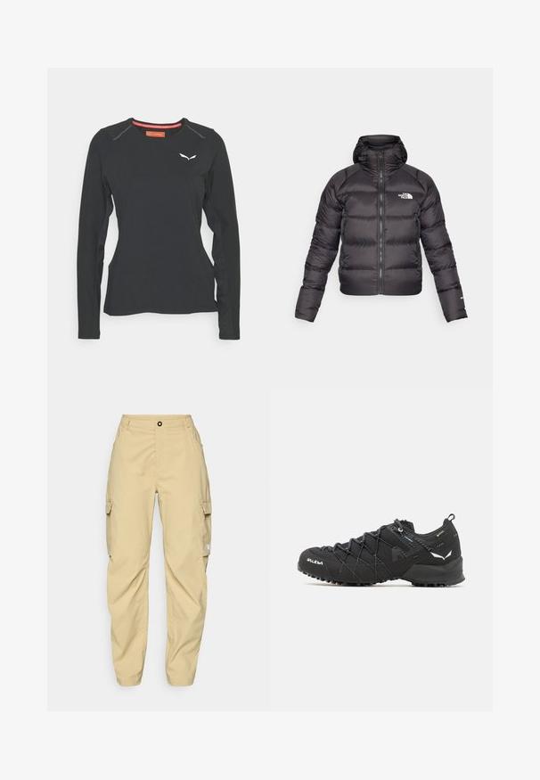 Juodas pūkinis švarkas su užtrauktuku priekyje ir gobtuvu. Pasižymi siuvinėjimu, elastinėmis rankogaliais ir logotipu kairėje krūtinės pusėje. Lengvas izoliavimas.; Salewa PEDROC DRY TEE W. - Ilgarankovis viršutinės dalies drabužis - black out; The North Face EXPLORATION CARGO PANTS - Lauko kelnės - khaki stone; Juodi žygio batai su tekstūruotu audiniu, raišteliais ir tvirtu guma padu. Papuošti atspindinčiomis detalėmis ir logotipais.