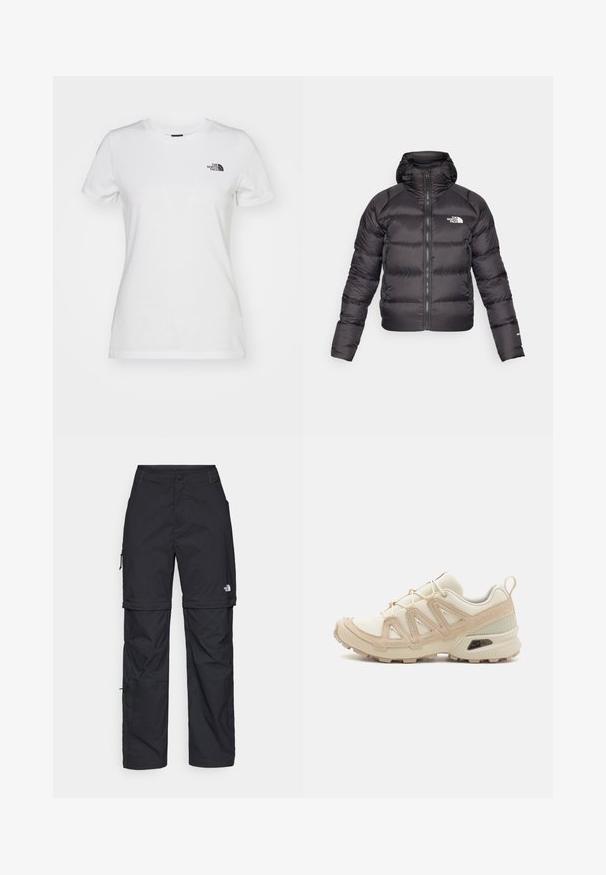 Jachetă puffer neagră cu fermoar frontal și glugă. Prezintă o textură matlasată, manșete elastice și logo pe partea stângă a pieptului. Izolație ușoară.; Tricou alb din bumbac, cu guler rotund, mâneci scurte și un mic logo negru pe partea stângă a pieptului. Textură netedă și formă ajustată.; Pantaloni cargo din nylon negru, cu fermoar detașabil, manșete ajustabile, multiple buzunare și un logo pe piciorul drept. Textură netedă și ușoară.; Pantofii sport bej și crem au un superior din plasă texturată, suprapuneri de susținere și o talpă din cauciuc cu un model de profil pentru aderență.