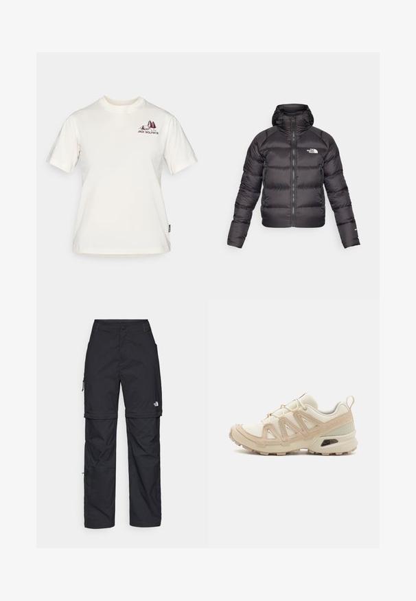 Čierna nafúknutá bunda s predným zipsom a kapucňou. Obsahuje prešívanú textúru, elastické manžety a logo na ľavej hrudi. Ľahká izolácia.; Jack Wolfskin CADENA - Tričko s potlačou - white; Čierne nylonové cargo nohavice s odnímateľnými nohavicami, nastaviteľnými manžetami, viacerými vreckami a logom na pravej nohe. Hladká, ľahká textúra.; Beige a krémová športová obuv s textúrovaným sieťovým zvrškom, podporujúcimi prekrytiami a gumovou podrážkou s dezénom pre trakciu.