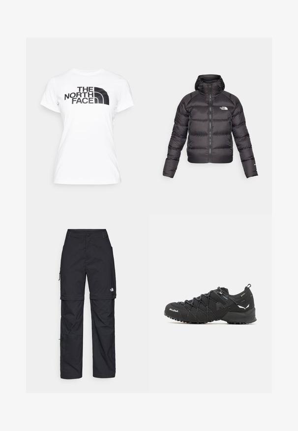 Chaqueta de plumas negra con cremallera frontal y capucha. Presenta textura acolchada, puños elásticos y logotipo en el lado izquierdo del pecho. Aislamiento ligero.; Camiseta de algodón blanca con un estampado gráfico negro del logotipo de "THE NORTH FACE" en el frontal. Mangas cortas y escote redondo.; Pantalones cargo de nailon negro con cremallera desmontable, puños ajustables, múltiples bolsillos y un logotipo en la pierna derecha. Textura suave y ligera.; Zapatos de senderismo negros con una parte superior de tela texturizada, sistema de cordones y suela de goma resistente. Acabados con detalles reflectantes y logotipos.
