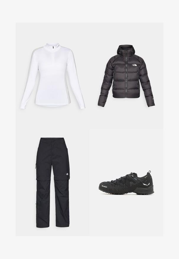 Mustapuff jacket, jossa on vetoketjullinen etuosa ja huppu. Varustettu tikatulla pinnalla, joustavilla hihansuilla ja logolla vasemmassa rinnassa. Kevyt eristys.; Pitkähihaisen valkoisen urheilupaidan, jossa on vetoketjukaulus. Tämä vaate on saumaton muotoilultaan ja istuu hyvin, mikä tekee siitä sopivan ulkoilma-aktiviteetteihin.; Mustat nailonista valmistetut irrotettavat cargo-housut säädettävillä lahkeilla, useilla taskuilla ja logolla oikeassa jalassa. Liukas, kevyt rakenne.; Mustat vaelluskengät, joissa on teksturoitu kangaspinta, nauhakiinnitys ja kestävä kumipohja. Korostettu heijastavilla yksityiskohdilla ja logoilla.