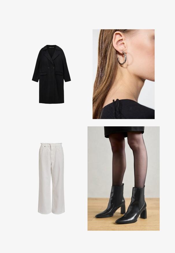 Palton din amestec de lână neagră, cu guler decupat, închidere cu două butoane, două buzunare frontale și mâneci de lungime trei sferturi.; Bluză albă cu mâneci lungi, cu guler clasic, închidere cu butoane pe față și detalii pliate pe lateral. Fabrică netedă cu o croială ajustată.; Pantaloni albi cu picioare largi, având un talie ondulată, buzunare frontale și o textură netedă, moale. Fabricat dintr-un material ușor din bumbac.; Botine negre din piele, cu vârful ascuțit, toc pătrat masiv și un design elegant. Au panouri laterale elastice pentru o îmbrăcare ușoară.; Cercel din argint cu un finisaj polișat, având detalii mici din aur și o formă rotundă, purtat pe lobul urechii.