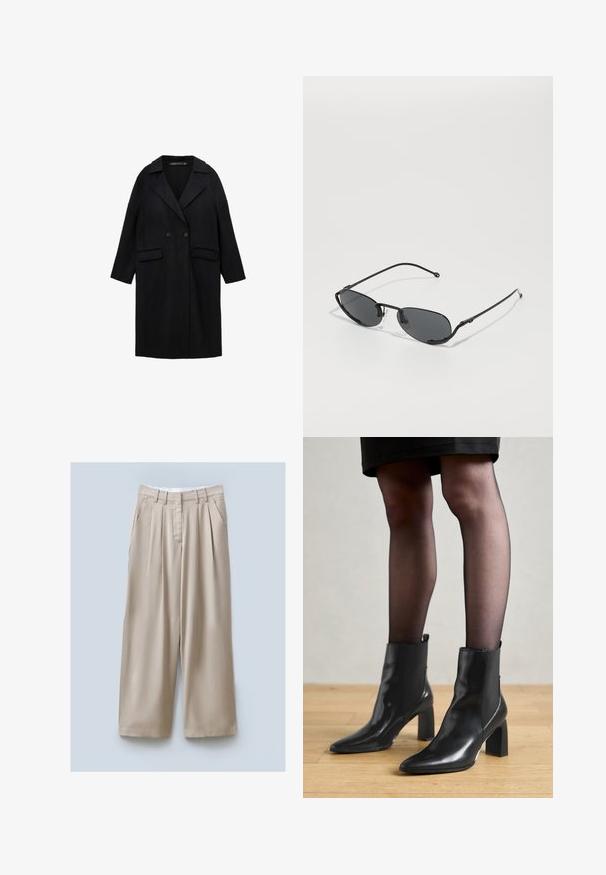 Sort uldblanding frakke med notch-krave, dobbeltknaplukning, to forlommer og 3/4-længde ærmer.; Ærmeløs grå turtleneck-top, lavet af blødt strikmateriale, med en tætsiddende form og høj halsudskæring. Glat tekstur med minimal detaljer.; Hvid langærmet bluse med klassisk krave, knaplukning foran og samlede side detaljer. Glat stof med en skræddersyet form.; Beige brede bukser med tekstureret finish, der har to sidelommer, frynsede detaljer foran og en taljeelastik for en sikker pasform.; Sorte læderankelstøvler med spids tå, kraftig firkantet hæl og slankt design. Har elastiske sidepaneler for nem påtagning.; Sorte solbriller med smalle ovale linser, tynde metalrammer og justerbare næsepuder. Har et strømlinet, minimalistisk design.