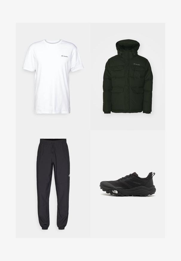 Tmavě zelená péřová bunda s vysokým límcem, několika předními kapsami a elastickými manžetami. Obsahuje zapínání na zip a cvočky a logo na hrudi.; Bílá bavlněná tričko s krátkými rukávy, kulatým výstřihem a malým černým logem Columbia na levém hrudi. Měkký, obyčejný design.; Černé sportovní kalhoty vyrobené z lehké tkaniny, s páskem na šňůrku, bočními kapsami a zúženými manžetami na kotnících.; Černé trailové běžecké boty s texturovaným svrškem, gumovou podrážkou a vyztuženou špičkou. Obsahují polstrovaný límec a poutko pro snadné obouvání.
