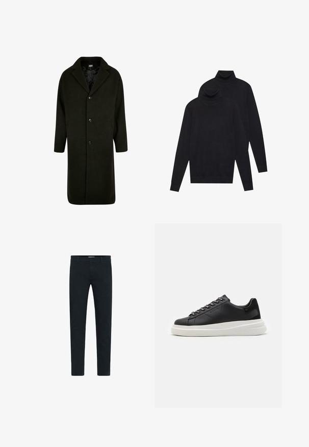Dark green coat made of thick fabric, featuring a notched collar, four front buttons, and side pockets. Mid-length with a straight cut.; Two black long-sleeve turtleneck sweaters, plain knit, stacked with one slightly behind the other on a white background.; Black cotton trousers with a slim fit, featuring a button and zip closure, five pockets, and a smooth texture. Plain design without patterns.; Black leather sneaker with a white rubber sole, featuring flat laces and branded eyelets. Soft texture with a contrasting side accent.
