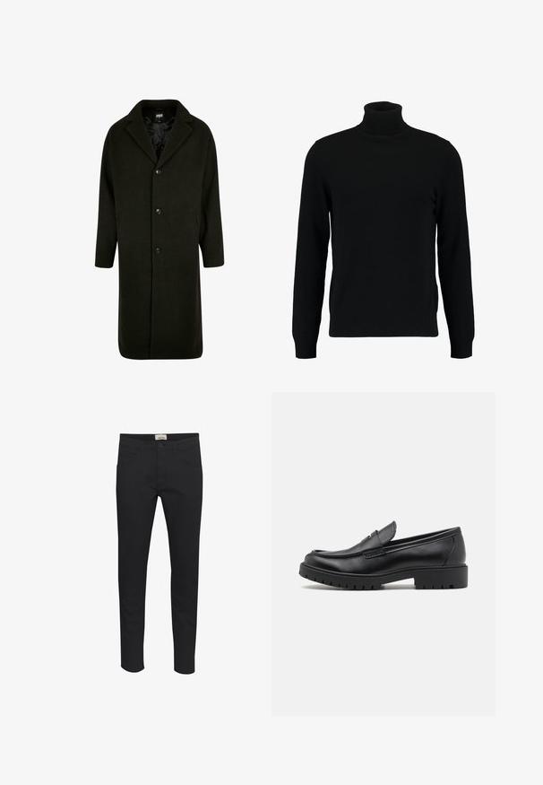 Sötétzöld, vastag anyagú kabát, kivágott gallérral, négy elülső gombbal és oldalsó zsebekkel. Középhosszú, egyenes szabású.; Fekete garbó pulóver puha kötött anyagból készült. Hosszú ujjaival, bordázott gallérral és szegéllyel rendelkezik. Egyszerű, letisztult dizájn, minták nélkül.; Fekete nadrág, tömör anyagból, szabványos fit, öt zsebes kialakítással és gombos záródással. Sleek és sokoldalú.; Fekete bőr loaferek lekerekített orral, slip-on kialakítással és vastag gumitalppal, amely texturált tapadást biztosít. Emelt sarkú és diszkrét varrási részletek.