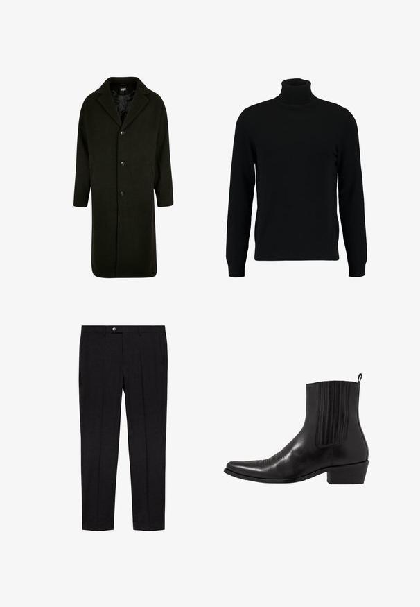 Dunkelgrüner Mantel aus dickem Stoff, mit einem geknöpften Kragen, vier Frontalknöpfen und seitlichen Taschen. Mittellang mit geradem Schnitt.; Schwarzer Rollkragenpullover aus weichem Strickmaterial. Mit langen Ärmeln, geripptem Kragen und Saum. Schlichtes, elegantes Design ohne Muster.; Schwarze maßgeschneiderte Hose aus gewebtem Stoff, mit flachem Vorderteil, Gürtelschlaufen und seitlichen Taschen, in schmaler Passform.; Schwarze Leder- ankle boot mit spitzem Zehenbereich, elastischen Seitenpaneelen, vertikalen Steppnähten und einem niedrigen Blockabsatz.