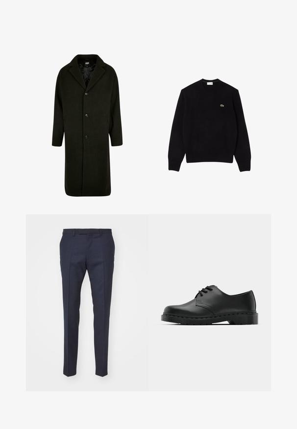 Dunkelgrüner Mantel in Midilänge mit Reverskragen, vier Knöpfen und seitlichen Taschen; gefertigt aus einem weichen, strukturierten Stoff.; Schwarzer Strickpullover mit Rundhalsausschnitt, gerippten Bündchen und Saum, mit einem kleinen grünen Krokodil-Logo auf der linken Brust. Weiche Textur.; Marineblaue, maßgeschneiderte Hosen mit glatter Textur, flachem Bund, Bügelfalten und schmalem Schnitt, geeignet für formelle Anlässe.; Schwarze Leder-Oxford-Schuhe mit Schnürdesign, runder Zehenform, flacher Gummisohle und subtilen Nähten entlang des oberen Teils.