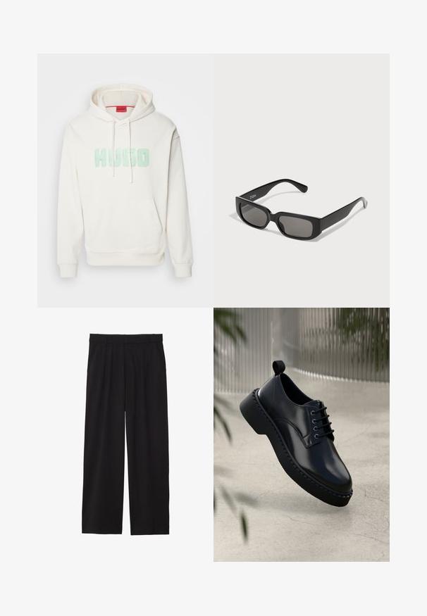 Sötétzöld, vastag anyagú kabát, kivágott gallérral, négy elülső gombbal és oldalsó zsebekkel. Középhosszú, egyenes szabású.; Krémszínű kapucnis pulóver puha pamutból, elülső zsebbel, világoszöld "HUGO" logóval. Felszerelt húzózsinórral és bordázott mandzsettákkal rendelkezik.; Fekete, bőszárú nadrág, pliszírozott elülső résszel, oldalsó zsebekkel és sima szövettextúrával. Lazább, kényelmes szabású.; Fekete bőr cipő lekerekített orral, fűzős kialakítással és vastag gumi talppal, amelynek texturált pereme van. Simaság és minimális hardver jellemzi.; Fekete téglalap formájú napszemüveg, szürke árnyalatú lencsékkel, sima műanyagból készült. Minimalista kialakítással rendelkezik, egyenes karokkal és diszkrét márkajelzéssel.; Fekete bőr üzenetküldő táska ezüst csatokkal, sárga varrással, állítható pánttal és elülső zsebbel. A márka logója a táska elején található.