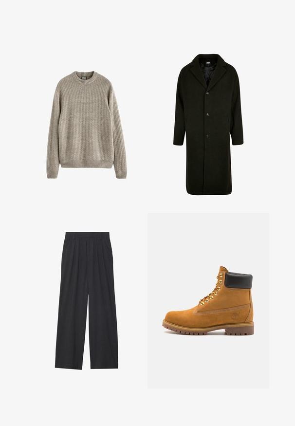 Sötétzöld, vastag anyagú kabát, kivágott gallérral, négy elülső gombbal és oldalsó zsebekkel. Középhosszú, egyenes szabású.; Beige bordázott pulóver kerek nyakkivágással, hosszú ujjal és texturált kötött mintával. Bordázott aljjal és mandzsettával rendelkezik.; Sötétszürke anyagból készült, bő szárú nadrág. Ráncokkal a deréknál, elegáns fazonnal és egyenes sziluettel rendelkezik.; Barna velúr bokacipő fekete párnázott gallérral, arany fém fűzőlyukakkal, fehér varrási részletekkel és durva gumitalppal, amelynek kifejezett barázdái vannak.
