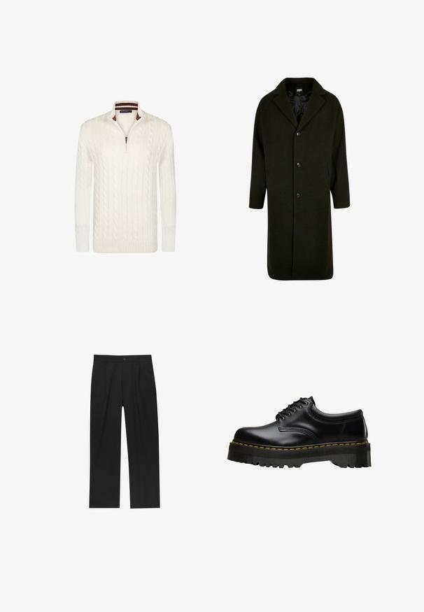 Ciemnozielony płaszcz wykonany z grubej tkaniny, z kołnierzem w kształcie litery "notch", czterema guzikami z przodu i bocznymi kieszeniami. Średniej długości, o prostym kroju.; Sweter w kolorze kremowym, dziergany w warkocze, z zamkiem przy kołnierzu, z prążkowanymi mankietami i dołem. Miękka tekstura i jednolity wzór dzianiny.; Czarne spodnie o prostym kroju, wykonane z gładkiego materiału. Posiadają zakładki z przodu i pojedyncze zapięcie na guziki w pasie.; Czarne skórzane buty sznurowane z grubą, ząbkowaną czarną gumową podeszwą i żółtym przeszyciem wzdłuż krawędzi, charakteryzujące się gładkim wykończeniem.