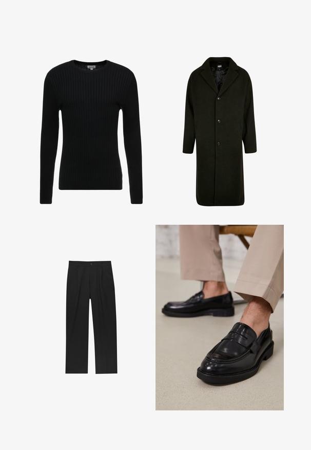 Cappotto verde scuro realizzato in tessuto spesso, con colletto a risvolto, quattro bottoni frontali e tasche laterali. Di lunghezza media con taglio dritto.; Maglione nero a maniche lunghe con collo a girocollo; tessuto testurizzato con linee verticali; silhouette aderente; senza decorazioni o accenti visibili.; Pantaloni neri con un design a gamba dritta, realizzati in un tessuto liscio. Presentano pieghe frontali e una chiusura a un bottone in vita.; Mocassini in pelle nera con finitura liscia, dotati di una cintura decorativa e cuciture a contrasto, abbinati a pantaloni beige.