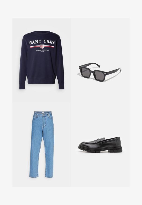 Tumeheledad keskmise pikkusega mantel mitte-lõigatud krae, neli nuppu ja küljetaskud; valmistatud pehmest, tekstuuriga kangast.; Tume sinine sweatshirt, mis on valmistatud puuvillast, meeskonna kaelusega. Prinditud logo "GANT 1949" kilbi ja rätiga punase ja valgega.; Heled sinised kõrge vöökoha sirged teksad eesnupu ja lukuga, vööloopide ja viie-tasku disainiga valge tausta ees.; Mustad musta naha sussid sujuva viimistlusega, esiosal rihmaga detail ning paksu kummitaldaga, mis on kaunistatud soontega.; Mustad mustan värvi päikeseprillid tumedate läätsedega, pakse raami, diskreetsete detailidega külgedel ning ilma nähtavate logota, peale brändinime.