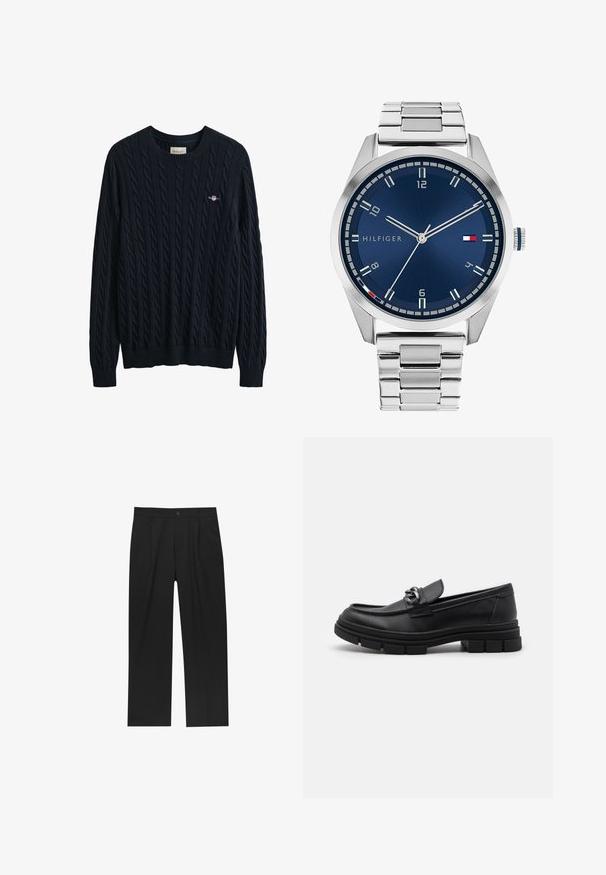 Ciemnozielony płaszcz o średniej długości, z wyciętym kołnierzem, czterema guzikami i bocznymi kieszeniami; wykonany z miękkiej, fakturowanej tkaniny.; Granatowy sweter z warkoczowym wzorem, z prążkowanym dekoltem i brzegiem, z małym logo na piersi. Wykonany z miękkiego, teksturowanego materiału.; Czarne spodnie o prostym kroju, wykonane z gładkiego materiału. Posiadają zakładki z przodu i pojedyncze zapięcie na guziki w pasie.; Czarne skórzane półbuty z okrągłym noskiem, dekoracyjnym paskiem i elementami metalowymi oraz grubą, fakturowaną podeszwą. Gładkie wykończenie z subtelnymi detalami.; Srebrny zegarek metalowy z satynową niebieską tarczą, białymi znacznikami godzin oraz wyświetlaczem daty. Posiada ogniwowy metalowy pasek i logo marki.