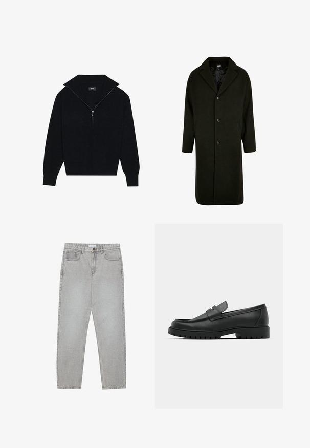 Sötétzöld, vastag anyagú kabát, kivágott gallérral, négy elülső gombbal és oldalsó zsebekkel. Középhosszú, egyenes szabású.; Fekete kötött pulóver magas gallérral, félig cipzárral és bordás textúrával. Enyhén crop szabású, hosszúujjú.; Világosszürke farmernadrág egyenes szabással, öt zsebes stílusban, gombos záródással. Látható varrások az illesztéseknél.; Fekete bőr loafer cipők kerek orral, varrott mintázattal, alacsony platformtalpú és texturált, barázdált gumitalppal.