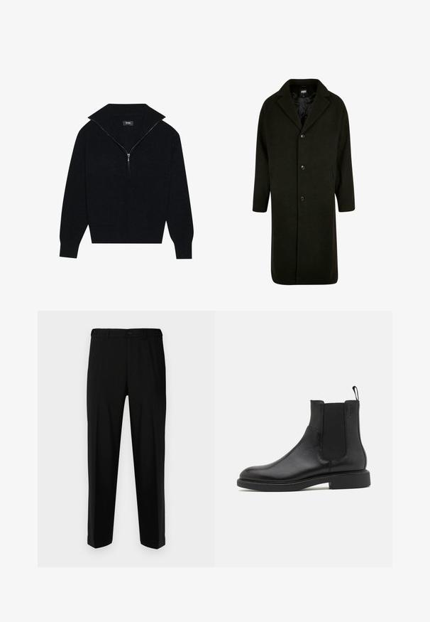 Mörkgrön kappa i midjelång design, med sprundkrage, fyra knappar och sidofickor; tillverkad av ett mjukt, strukturerat tyg.; Svart stickad tröja med hög krage, med halv dragkedja och ribbad textur. Lätt kortad design med långa ärmar.; Svarta byxor i slätt tyg, med rak skärning, två framfickor och dragkedja med knappstängning.; Svart läderankleboot med slät yta, elastiska sidopaneler och dragtab. Rund tå och platt gummisul med minimal profil.