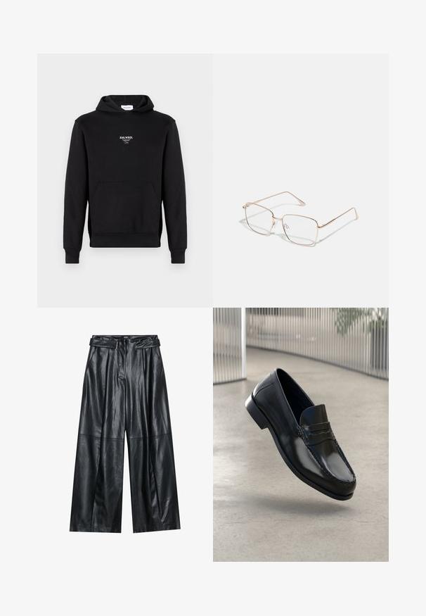 Mørkegrønt frak lavet af kraftigt stof, med en slagkrave, fire frontknapper og sidelommer. Halvlang med lige snit.; Sort hoodie lavet af en bomuldsblanding, med en frontlomme, ribbede manchetter og et lille broderet logo i hvidt på brystet.; Zign Studio UNISEX - Bukser - black; Sorte læder loafers med en glat finish, rundet tå, dekorative syninger og en let forhøjet ydersål.; Rektangulære briller med tynde, rosaguld metalrammer. Linsen er klar, og stængerne er slanke med en subtil hængsel-detalje.; Sort læder duffel bag med runde håndtag, en aftagelig skulderrem og subtile syninger. Glat tekstur og praktisk design.