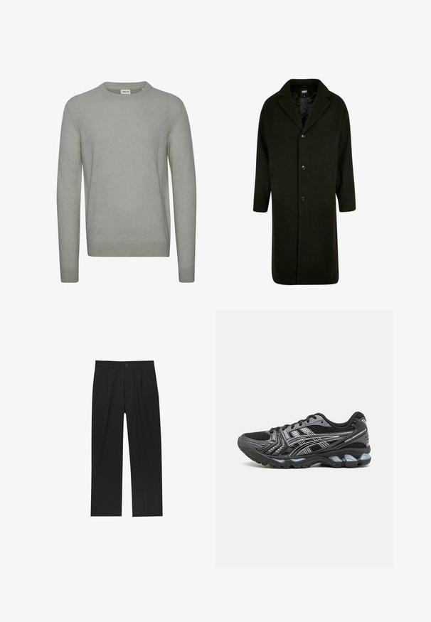 Dunkelgrüner Mantel in Midilänge mit Reverskragen, vier Knöpfen und seitlichen Taschen; gefertigt aus einem weichen, strukturierten Stoff.; Hellgrauer Pullover aus Strickstoff, mit Rundhalsausschnitt, langen Ärmeln und gerippten Bündchen und Saum. Einfaches, einfarbiges Design.; Schwarze Hose mit geradem Schnitt, aus einem glatten Stoff gefertigt. Verfügt über Vorderfalten und einen einzelnen Knopfverschluss an der Taille.; Schwarze Sportschuhe mit Mesh-Obermaterial, silbernen Akzenten und gepolsterter Sohle. Verfügt über ein Schnürdesign und ein strukturiertes Profil für besseren Halt.
