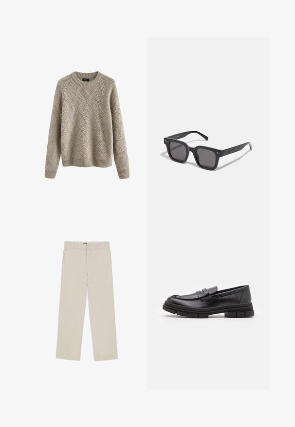 Tamnozeleni kaput od gustog materijala, s izrezanom kragnom, četiri gumba sprijeda i bočnim džepovima. Srednje dužine s ravnim krojem.; Svijetlosmeđi pleteni pulover s teksturiranim dijamantnim uzorkom, okruglim izrezom i rebrastim manžetama i rubom.; Bež hlače širokih nogavica s glatkom teksturom, s petljama za remen, dva prednja đepa i zatvaranjem na patentni zatvarač. Minimalistički dizajn.; Crni kožni loafers s glatkom završnom obradom, s detaljem prednjeg remena i debelim gumenim potplatom s urezanim akcentima.; Crne pravokutne sunčane naočale s tamnim lećama, debljeg okvira, suptilnim naglascima sa strane i bez vidljivih logotipa osim imena brenda.; Metalni kvarcni sat s crnim licem, bijelim brojkama i prikazom datuma. Ima čeličnu narukvicu i vodootpornost do 100m.