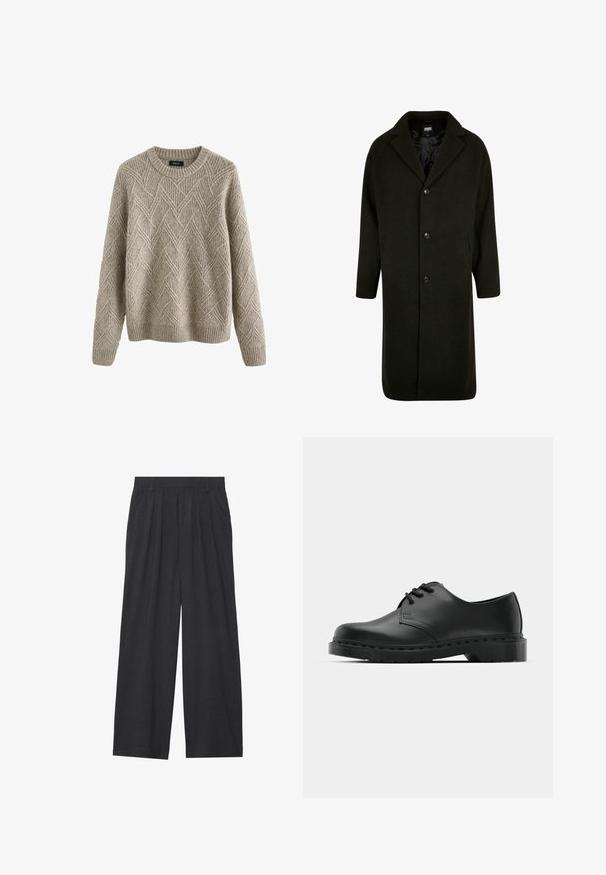 Donkergroene jas van dik materiaal, met een geklapte kraag, vier knopen aan de voorkant en zijzakken. Midi-lengte met een rechte snit.; Lichtbeige gebreide trui met een gestructureerd ruitpatroon, ronde halslijn en ribgebreide mouwen en zoom.; Wijd-uitlopende broeken van donkergrijze stof. Kenmerken zijn plooien bij de taille, een tailor-made ontwerp en een rechte silhouet.; Zwarte leren oxford schoenen met vetersluiting, ronde neus, platte rubberen zool en subtiele stiksel details langs het bovenwerk.