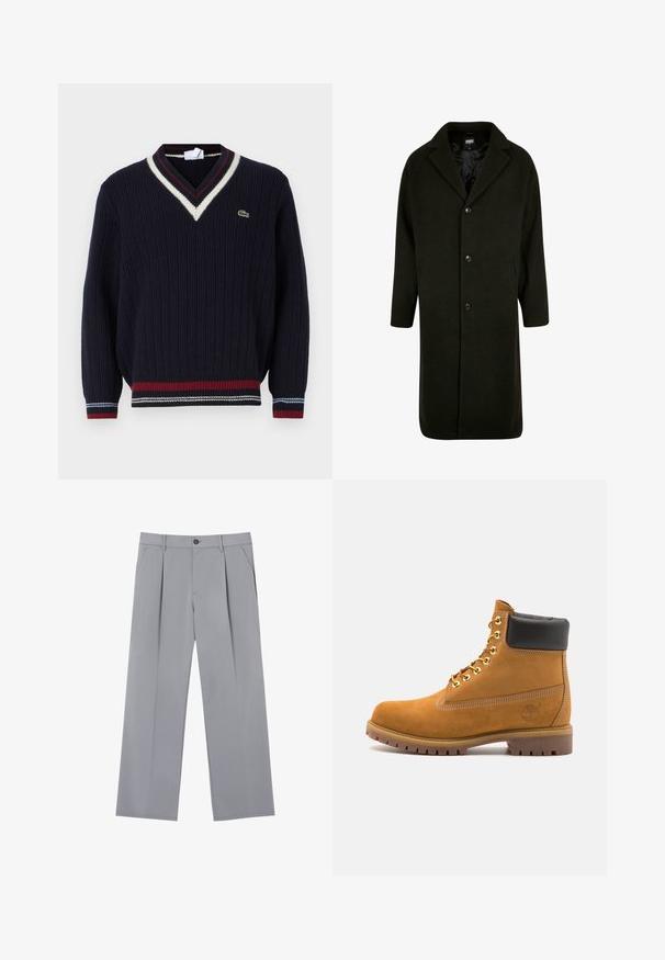 Cappotto verde scuro realizzato in tessuto spesso, con colletto a risvolto, quattro bottoni frontali e tasche laterali. Di lunghezza media con taglio dritto.; Lacoste Maglione - navy blue; Pantaloni grigi con pieghe, dal taglio rilassato, realizzati in un tessuto leggero. Presentano tasche frontali e una chiusura con bottone in vita.; Stivale alla caviglia in suede tan con collare imbottito nero, occhielli in metallo dorato, dettagli in cucitura bianca e suola in gomma robusta con battistrada pronunciato.