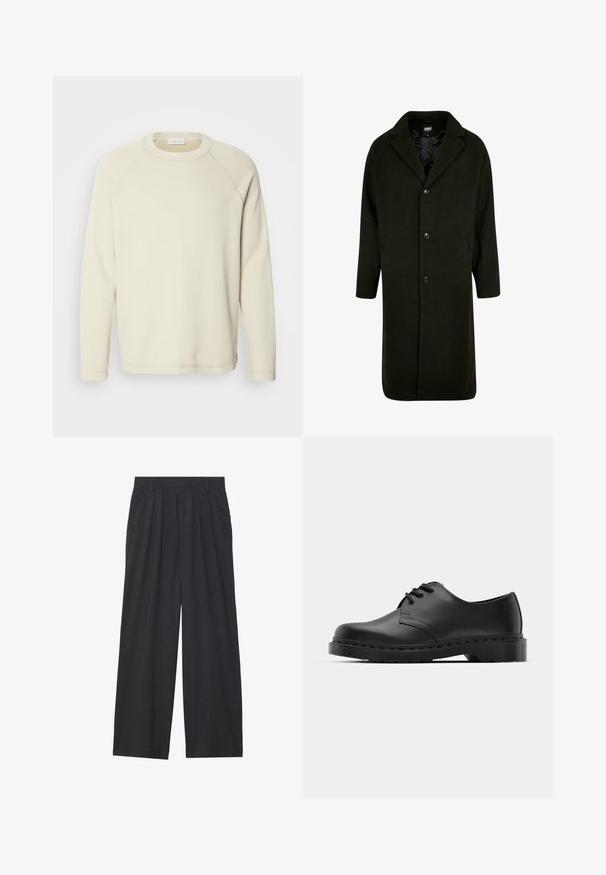 Donkergroene jas van dik materiaal, met een geklapte kraag, vier knopen aan de voorkant en zijzakken. Midi-lengte met een rechte snit.; Lichtbeige lange mouwen sweatshirt met een ribbeltextuur, ronde halslijn en raglanmouwen. Subtiele stiksels langs de naden.; Wijd-uitlopende broeken van donkergrijze stof. Kenmerken zijn plooien bij de taille, een tailor-made ontwerp en een rechte silhouet.; Zwarte leren oxford schoenen met vetersluiting, ronde neus, platte rubberen zool en subtiele stiksel details langs het bovenwerk.