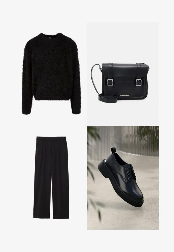 Tmavě zelený kabát vyrobený z pevné látky, se zubatým límcem, čtyřmi předními knoflíky a postranními kapsami. Střední délka s rovně střiženým střihem.; Černý chlupatý svetr, kulatý výstřih, dlouhé rukávy, měkká textura, volný střih, minimální švy, žádné viditelné zapínání ani vzory.; Černé široké kalhoty s skladaným předním dílem, bočními kapsami a hladkou texturou tkaniny. Navrženy pro pohodlný střih.; Černá kožená bota s kulatou špičkou, šněrovacím designem a silnou gumovou podešví s texturovaným okrajem. Elegantní povrch a minimální hardware.; Černá kožená taška přes rameno se stříbrnými sponami, žlutým prošíváním, nastavitelným popruhem a přední kapsou. Logo značky umístěné na přední straně.