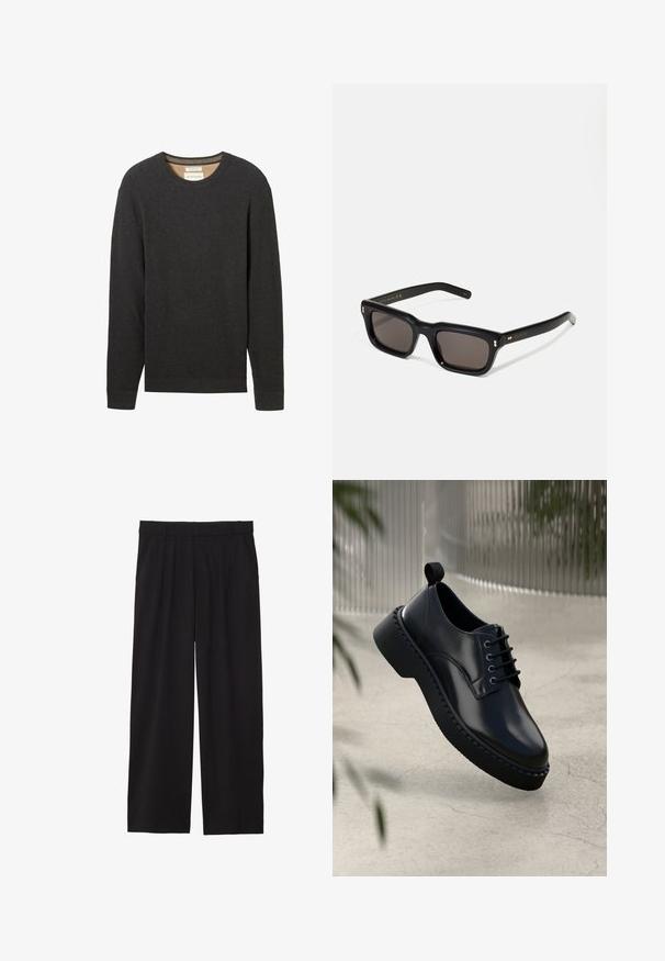 Tmavozelený kabát vyrobený z hrubej tkaniny, s klopovým golierom, štyrmi prednými gombíkmi a bočnými vreckami. Strednej dĺžky s rovnými líniami.; Čierny rebrovaný sveter s okrúhlym výstrihom a dlhými rukávmi. Textúrovaná tkanina a viditeľná etiketa na výstrihu.; Čierne široké nohavice so skladaným predným dielom, bočnými vreckami a hladkým textilným povrchom. Navrhnuté na voľný strih.; Čierna kožená topánka s okrúhlym špičkou, šnurovací dizajn a hrubou gumovou podrážkou s textúrovaným okrajom. Elegantný povrch a minimálne kovanie.; Čierne obdĺžnikové slnečné okuliare s tmavými sklami, hrubým plastovým rámom, zlatými detailami na spánkoch a vygravírovaným logom značky na ramene.; Čierna kožená messenger taška so striebornými prackami, žltým prešívaním, nastaviteľným popruhom a prednou kapsou. Značkové logo vystavené vpredu.