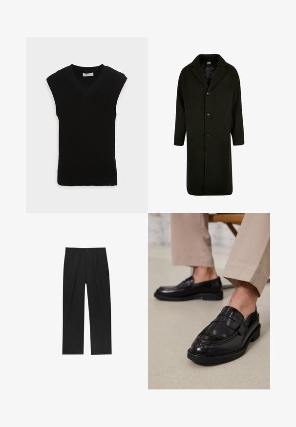 Tamnozeleni kaput od gustog materijala, s izrezanom kragnom, četiri gumba sprijeda i bočnim džepovima. Srednje dužine s ravnim krojem.; Crna bezrukavna pletena prsluk s V-izrezom i rebrastom teksturom, s glatkim rubom i bez dodatnih ukrasa.; Crne hlače ravnog kroja, izrađene od glatkog materijala. Imaju prednje nabore i jedan dugme na struku.; Crne kožne mokasine s glatkom obradom, koje imaju dekorativnu traku i kontrastnu šav, u kombinaciji s bež hlačama.