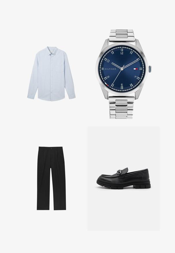 Tamnozeleni kaput srednje dužine, s reverom s izrezom, četiri gumba i bočnim džepovima; izrađen od mekanog, teksturiranog tkanja.; Svijetloplava košulja dugih rukava s dugim gumbima, tankim bijelim prugama, klasičnim ovratnikom i džepom na lijevoj strani prsiju, izrađena od pamučne tkanine.; Crne hlače ravnog kroja, izrađene od glatkog materijala. Imaju prednje nabore i jedan dugme na struku.; Crne kožne mokasine s zaobljenim vrhom, dekorativnom trakom i hardverom, te masivnom teksturiranom potplatom. Glatka površina s suptilnim detaljima.; Srebrni metalni sat s četkanim plavim brojčanikom, bijelim oznakama sati i prikazom datuma. Ima povezan metalni remen i logo marke.