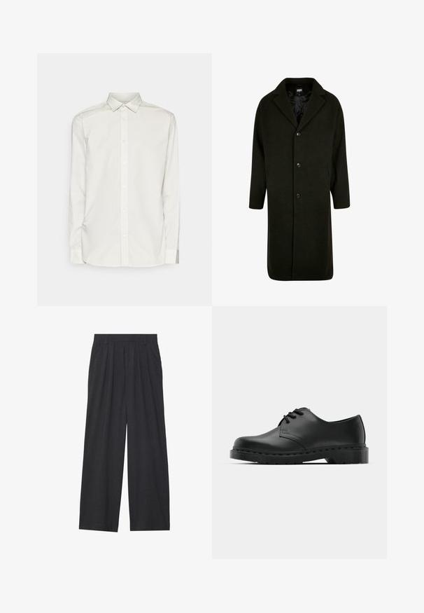 Mørkegrønn frakk laget av tykt stoff, med notched krage, fire frontknapper og sidelommer. Midtlengde med rett snitt.; Jack & Jones JJJOE PRINT SHIRT - Finskjorte - crockery; Vide benbukser laget av mørkegrått stoff. Har legg i midjen, en skreddersydd design, og en rett silhuett.; Svarte lær oxford-sko med snøring, rund tå, flat gummisåle og diskret sømdetalj langs overflaten.