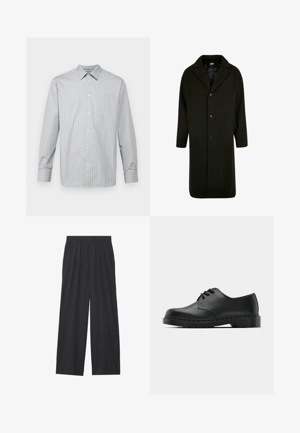 Tamsiai žalia vidutinio ilgio paltas su išpjauta apykakle, keturiais mygtukais ir šoninėmis kišenėmis; pagamintas iš minkštos, tekstūruotos medžiagos.; Mėlynos ir geltonos juostelės ilgarankovė marškiniai, pagaminti iš lygios medžiagos, su mygtukų apykakle ir krūtine kairėje pusėje.; Tamsiai pilkos spalvos plačios kojos kelnės. Su klostėmis ties juosmeniu, pritaikyta konstrukcija ir tiesi siluetas.; Juodos odinės oksfordo bateliai su raištelių užsegimu, apvaliu pirštu, plokščiu guminiu padu ir subtiliu siuvimo akcentu viršuje.