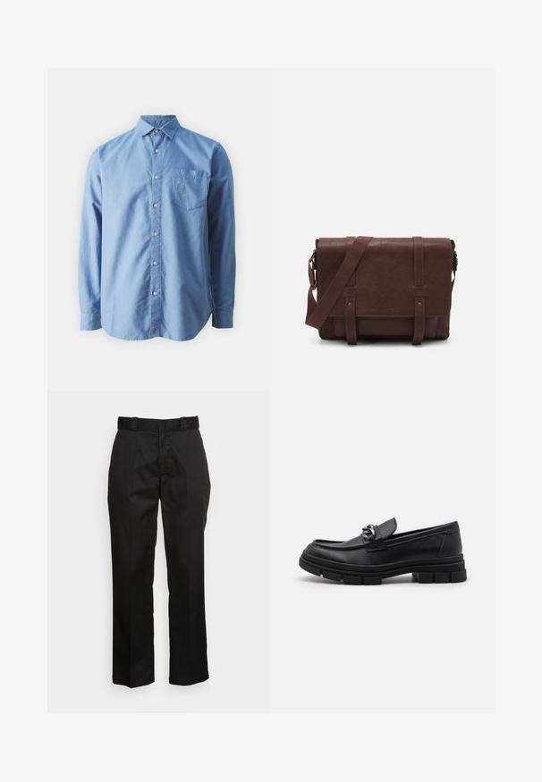Manteau vert foncé en tissu épais, avec un col cranté, quatre boutons à l'avant et des poches latérales. Mi-long, avec une coupe droite.; Chemise à manches longues, bleu clair, en coton, avec une poche poitrine et un logo brodé, dotée d'un col classique et d'un ourlet arrondi.; Pantalons noirs en tissu lisse, avec une coupe droite, des passants de ceinture et deux poches latérales. Look classique sans embellissements.; Mocassin en cuir noir avec un bout arrondi, une lanière décorative et des éléments en métal, et une semelle texturée épaisse. Finition lisse avec des détails subtils.; Sac en cuir marron de style messager avec un rabat plat à l'avant, deux sangles, des accents en métal doré et une bandoulière adjustable.; Montre en métal argenté avec un cadran bleu brossé, des index heures blancs et un affichage de la date. Comprend un bracelet métallique à maillons et le logo de la marque.