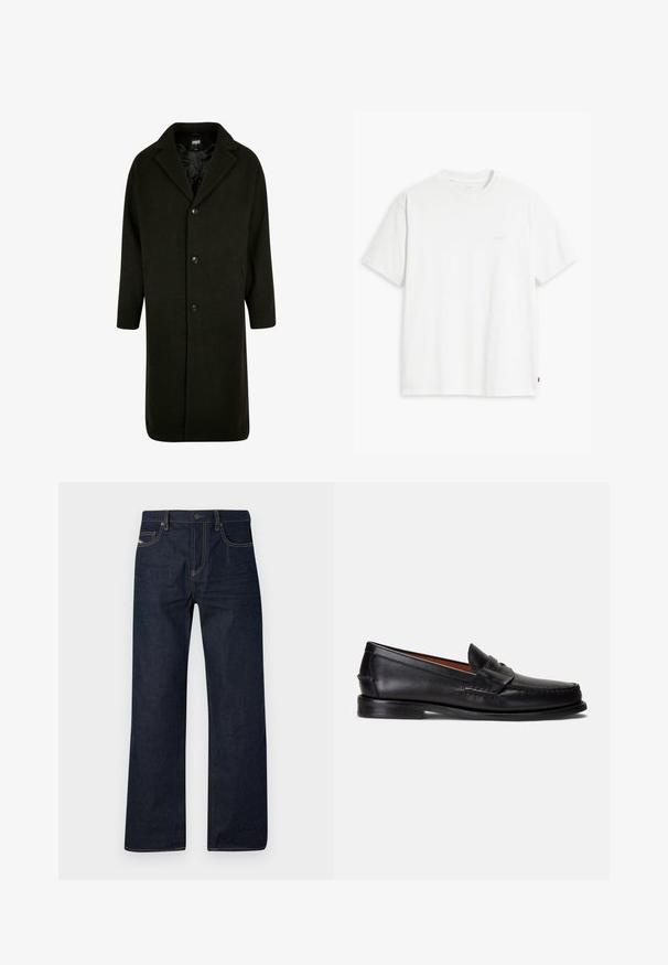 Sötétzöld, vastag anyagú kabát, kivágott gallérral, négy elülső gombbal és oldalsó zsebekkel. Középhosszú, egyenes szabású.; Fehér pamut póló rövid ujjakkal, kerek nyakkal és diszkrét Levi's logóval a középen. Puha tapintású és szabványos szabású.; Sötétkék farmernadrág egyenes lábbal, kontrasztos sárga varrással, klasszikus öt zsebes dizájnnal és gombos záródással a deréknál.; Fekete bőrből készült mokaszinok sima felülettel, lekerekített orral és díszítő szalaggal a felsőrészén. Alacsony fekete talppal rendelkeznek.