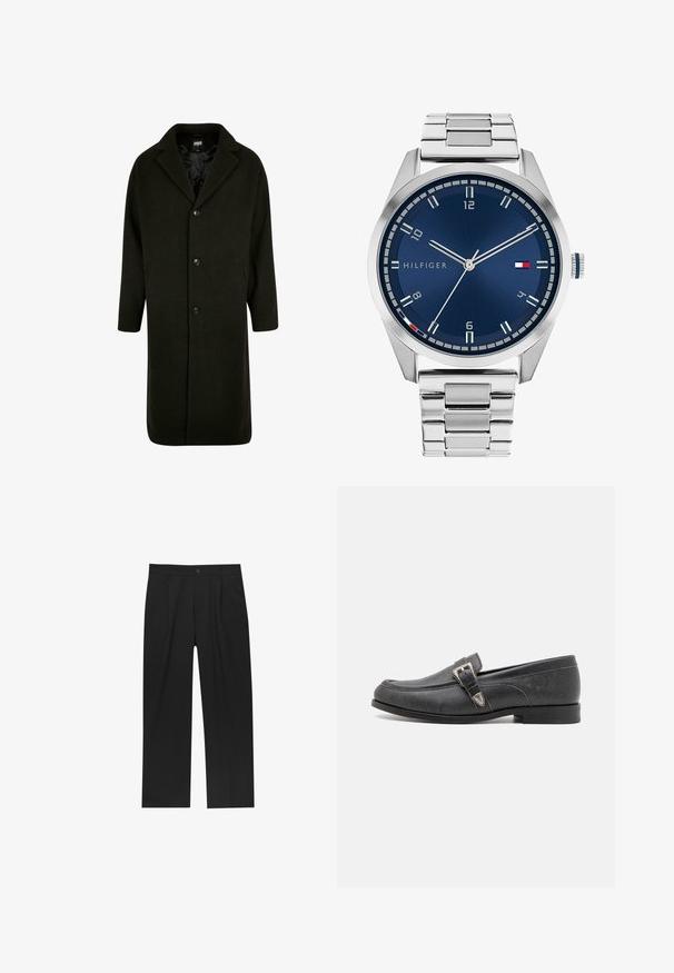 Cappotto verde scuro realizzato in tessuto spesso, con colletto a risvolto, quattro bottoni frontali e tasche laterali. Di lunghezza media con taglio dritto.; Set di otto t-shirt nere in cotone con maniche corte e collo a giro, caratterizzate da un design semplice e una texture morbida.; Pantaloni neri con un design a gamba dritta, realizzati in un tessuto liscio. Presentano pieghe frontali e una chiusura a un bottone in vita.; The Kooples CHAUSSURES - Scarpe senza lacci - black; Orologio in metallo argentato con quadrante blu spazzolato, indici bianchi e display della data. Dotato di un bracciale metallico a maglie e logo del marchio.