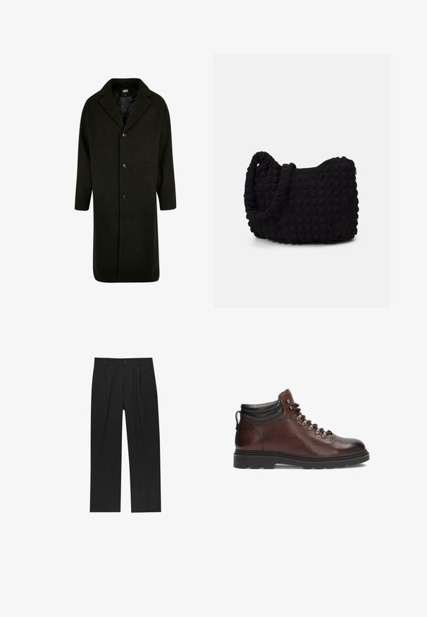 Tummanvihreä keskipitkä takki, jossa on lovikaulus, neljä nappia ja sivutaskut; valmistettu pehmeästä, teksturoidusta kankaasta.; Pakka viisi mustaa crew-neck t-paitaa. Lyhyet hihat, puuvillakangasta, normaali istuvuus. Suloinen rakenne ilman näkyviä kuvioita tai koristeita.; Mustat housut suoranlahkeisella muotoilulla, valmistettu sileästä kankaasta. Ominaisuuksiin kuuluu etupleateet ja yksi nappikiinnitys vyötäröllä.; Ruske nahkaste pohodniške čevlje z teksturirano površino, srebrnimi obročki in črnimi gležnjarji. Gumijast podplat z robustnim profilom.; Musta kangaspussi, jossa on teksturoitu, tikkikuvio. Pyöreä muoto, lyhyet, paksut kahvat ja pehmeä, joustava rakenne.; Harmaa metallikello, jossa on harjattu sininen taulu, valkoiset tuntimerkit ja päivämääränäyttö. Varustettu linkitetyllä metallirannekkeella ja brändin logolla.